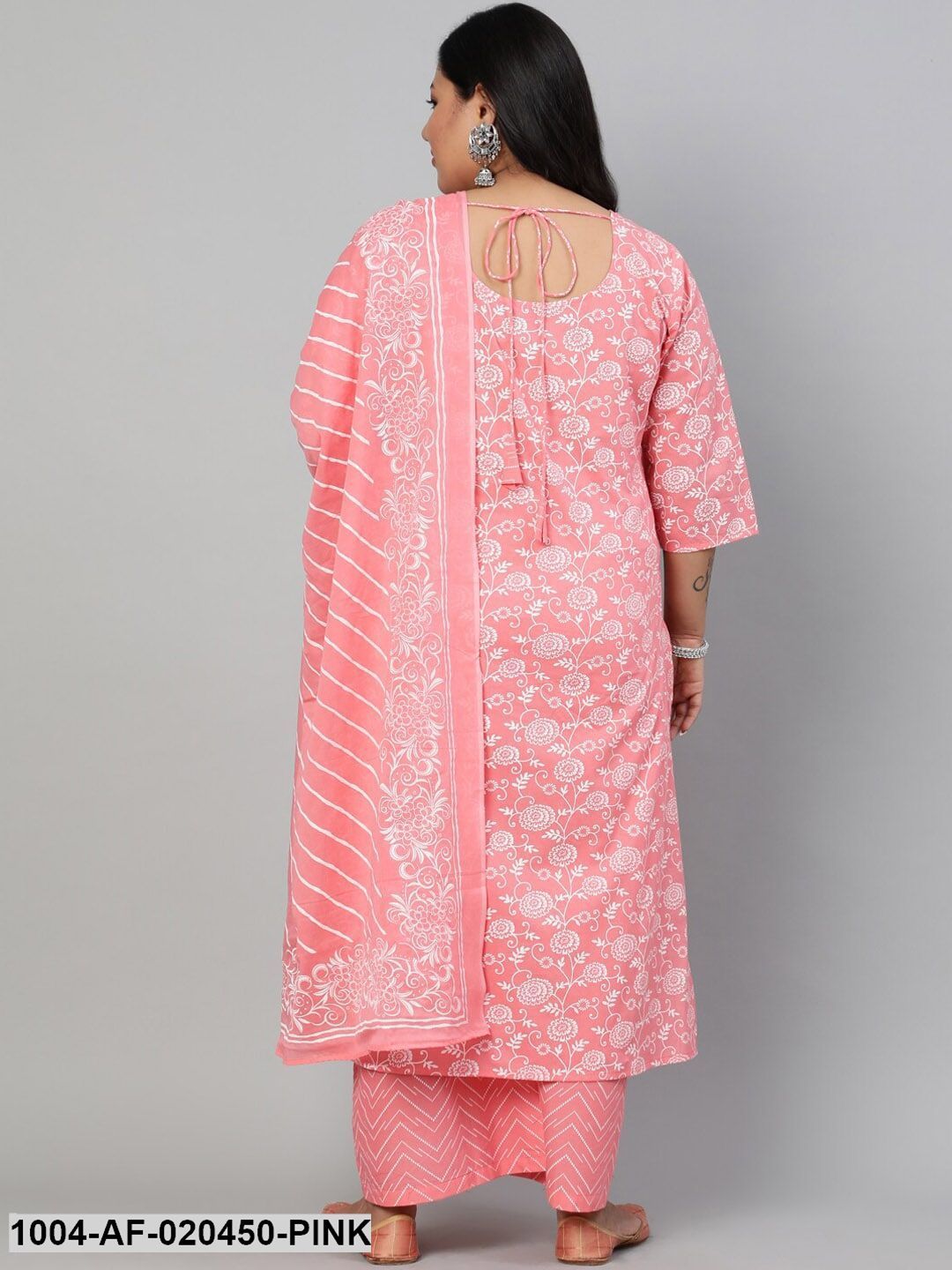 Plus Size Pink Floral Printed Kurta with Palazzos & Dupatta