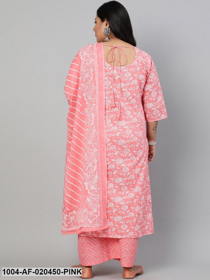 Plus Size Pink Floral Printed Kurta with Palazzos & Dupatta