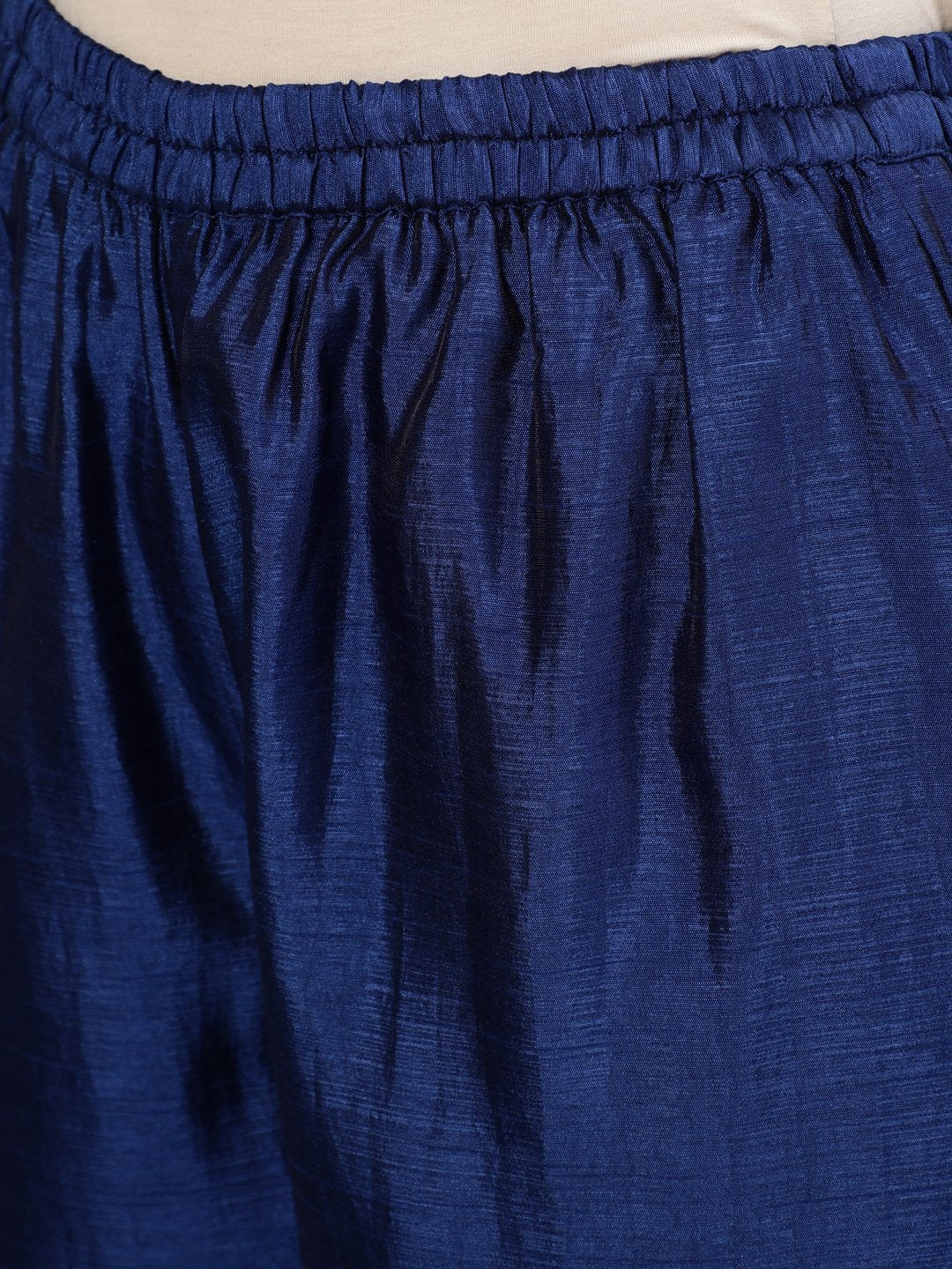 Women Blue Embroidered Straight Kurta With Plazo & Dupatta