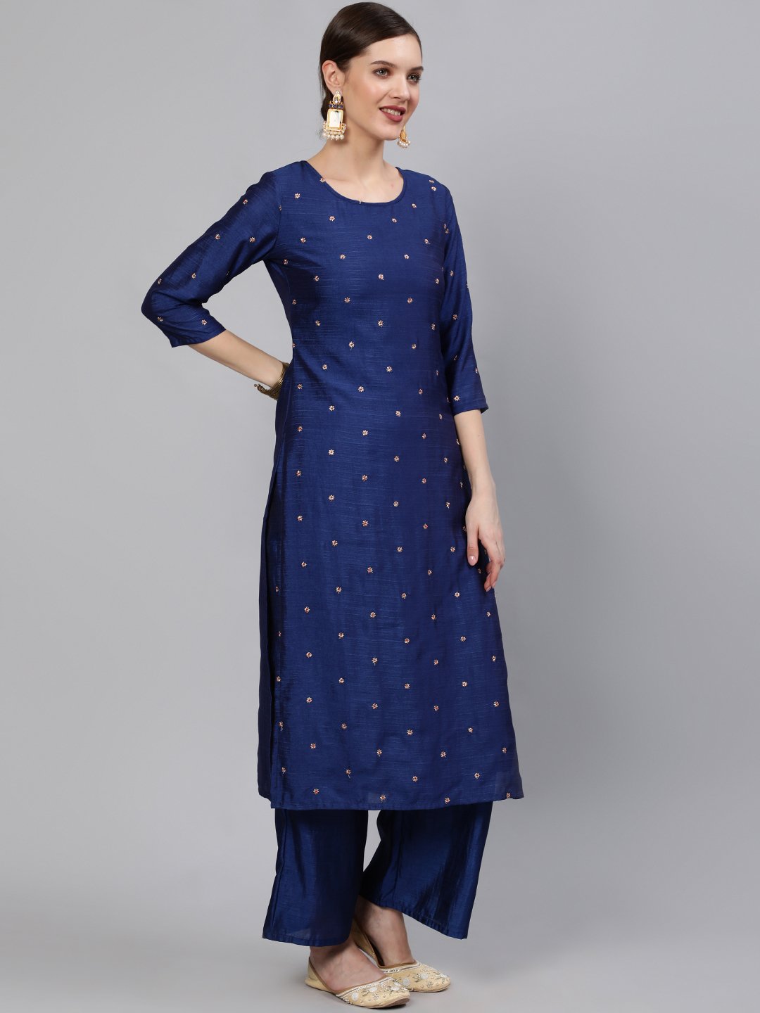Women Blue Embroidered Straight Kurta With Plazo & Dupatta