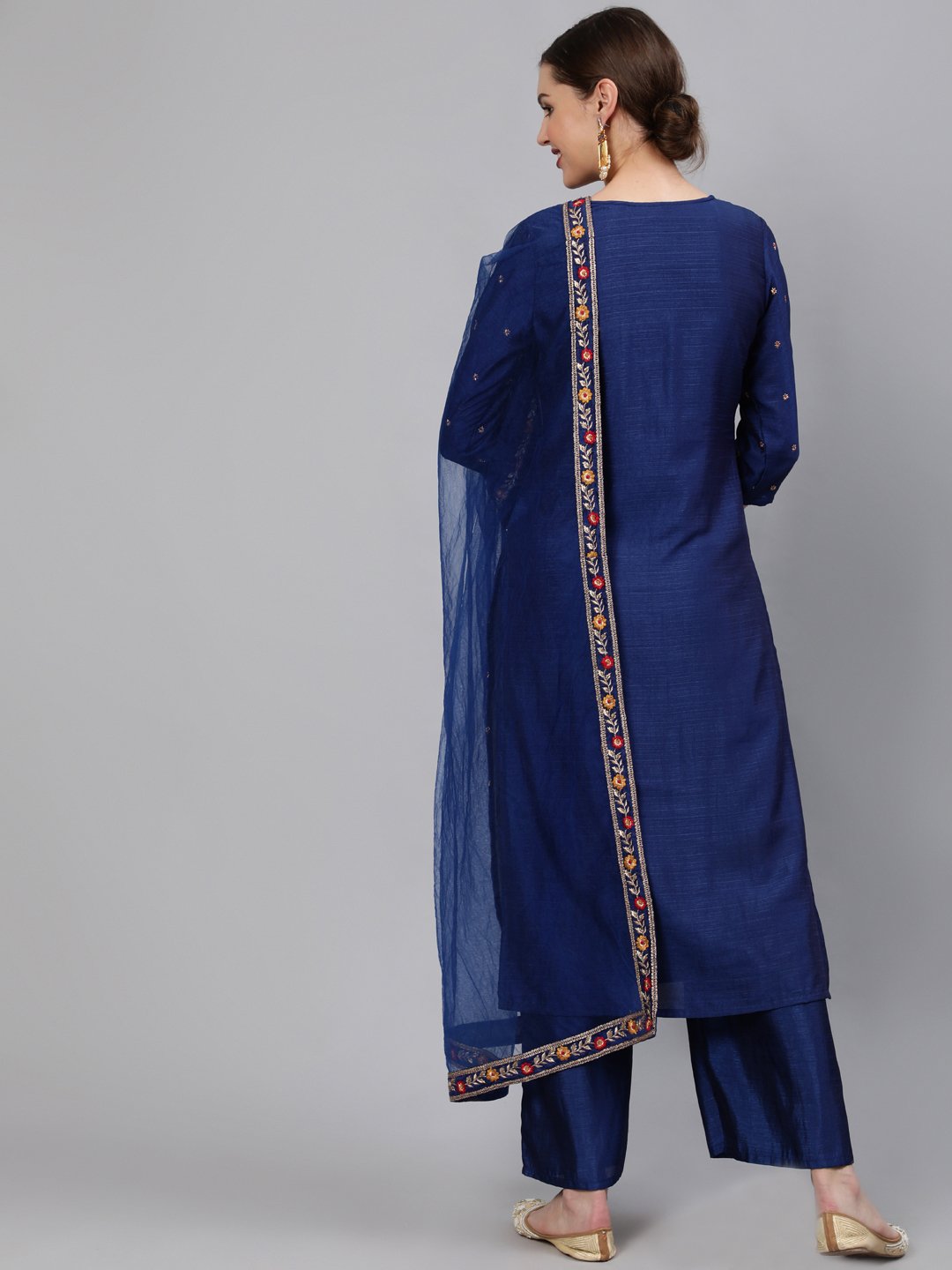 Women Blue Embroidered Straight Kurta With Plazo & Dupatta