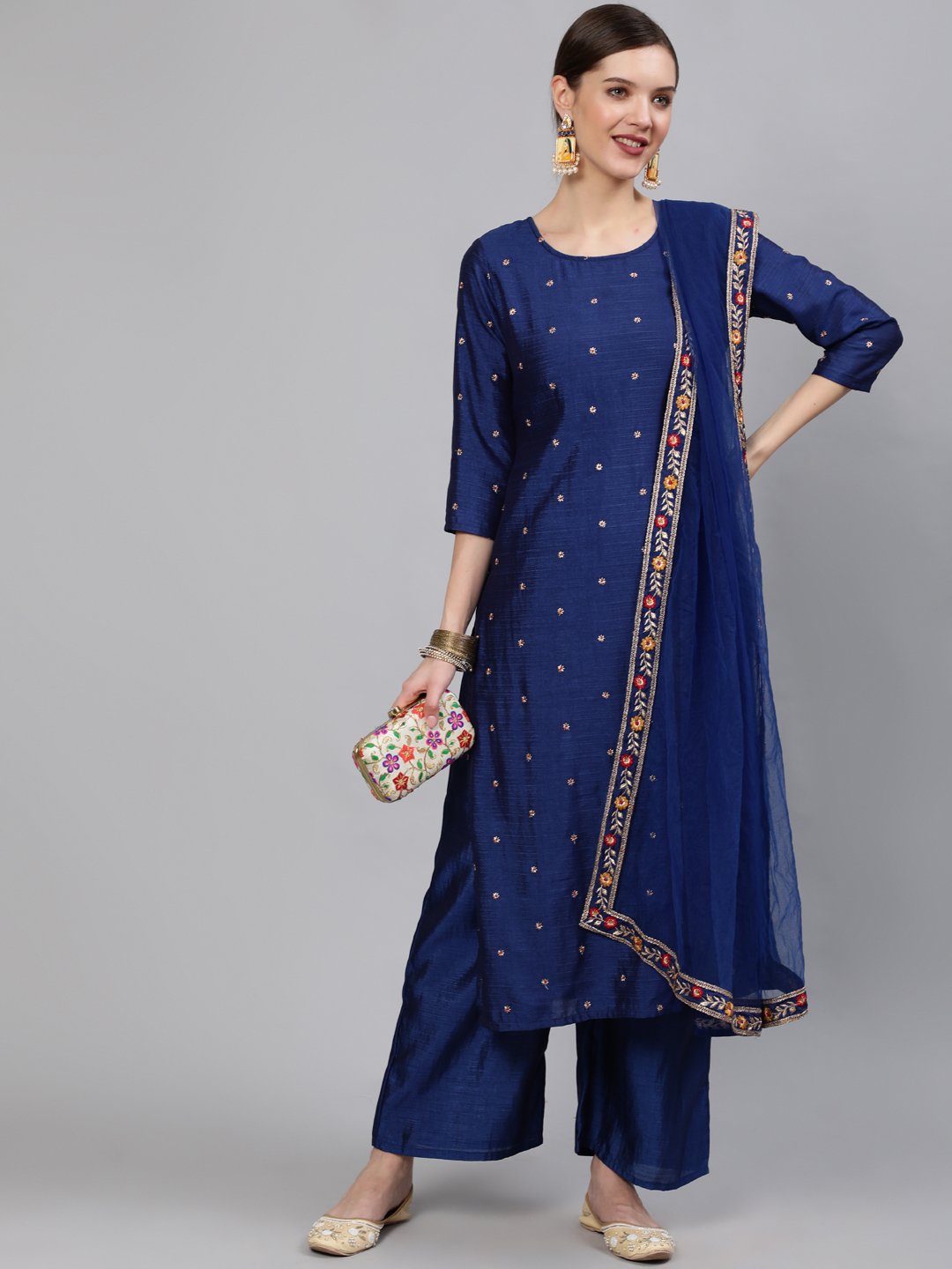 Women Blue Embroidered Straight Kurta With Plazo & Dupatta