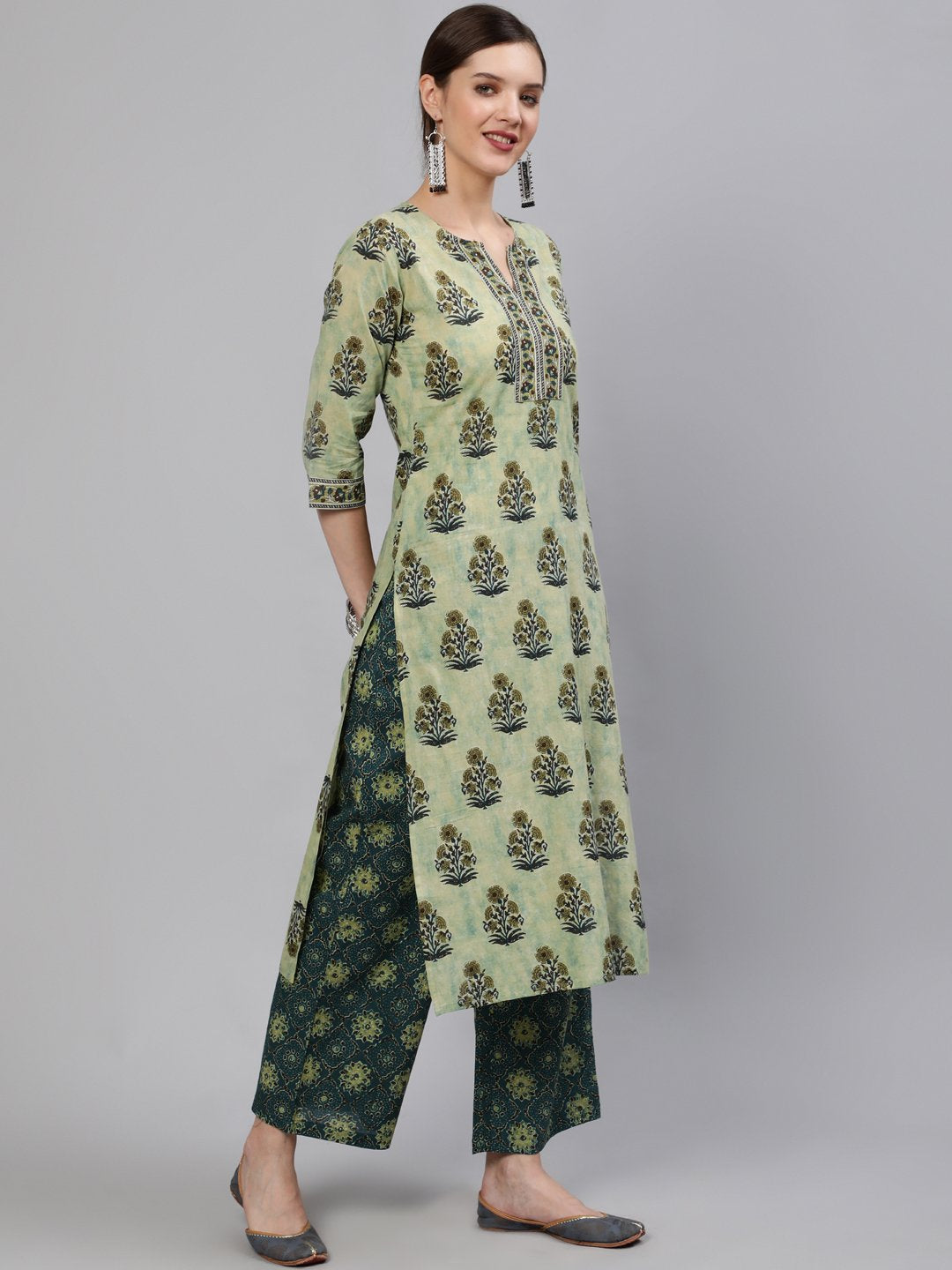 Women Green Printed Straight Kurta With Plazo & Dupatta