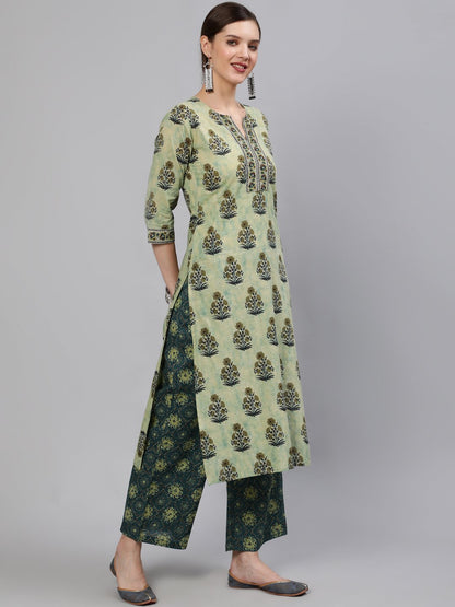 Women Green Printed Straight Kurta With Plazo & Dupatta