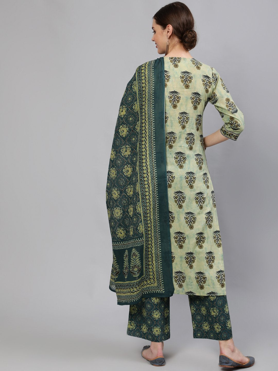 Women Green Printed Straight Kurta With Plazo & Dupatta