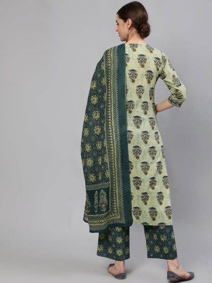 Women Green Printed Straight Kurta With Plazo & Dupatta