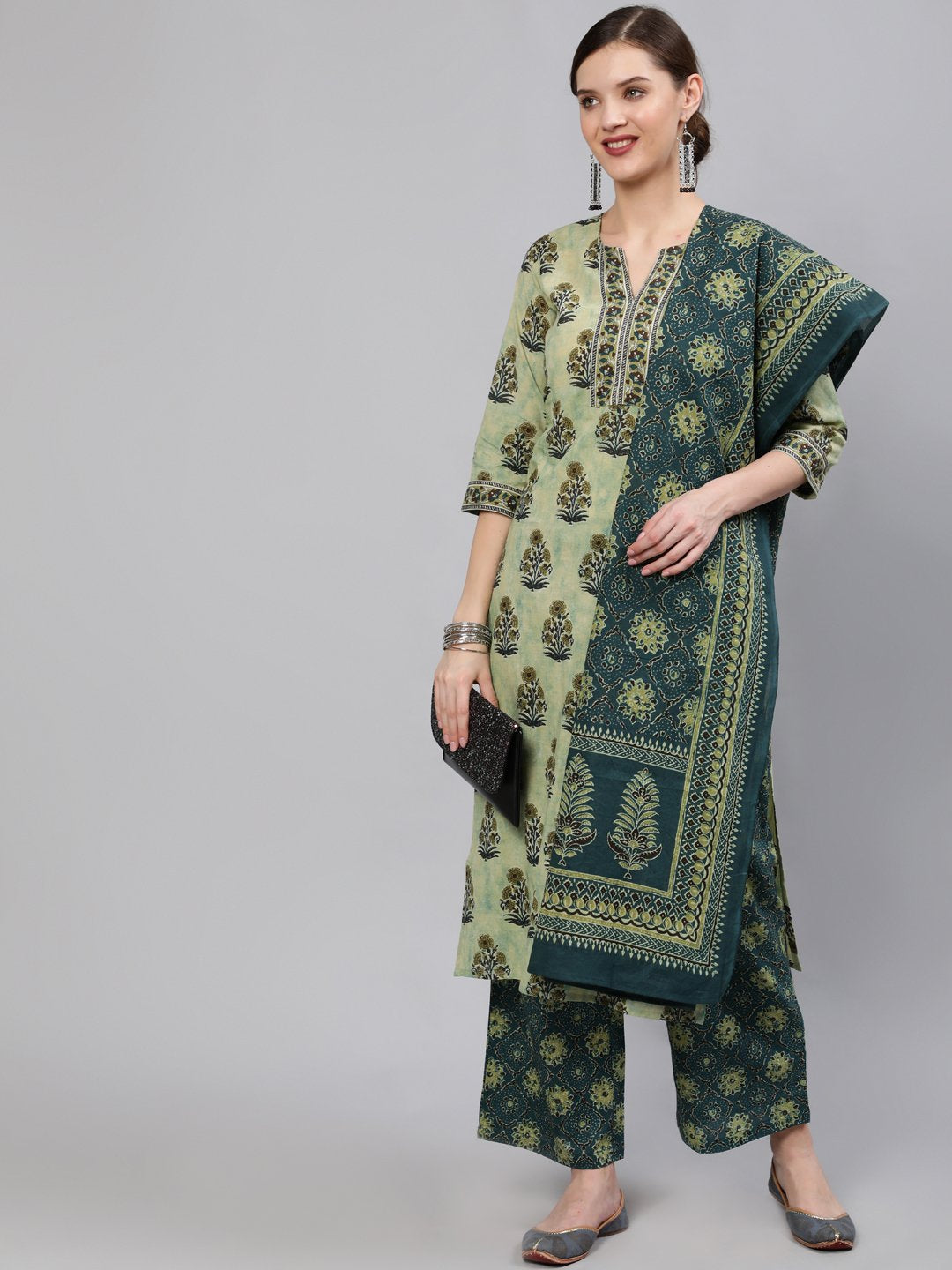 Women Green Printed Straight Kurta With Plazo & Dupatta