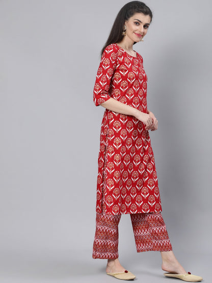 Women Red Straight Kurta With Plazo & Sequened Dupatta