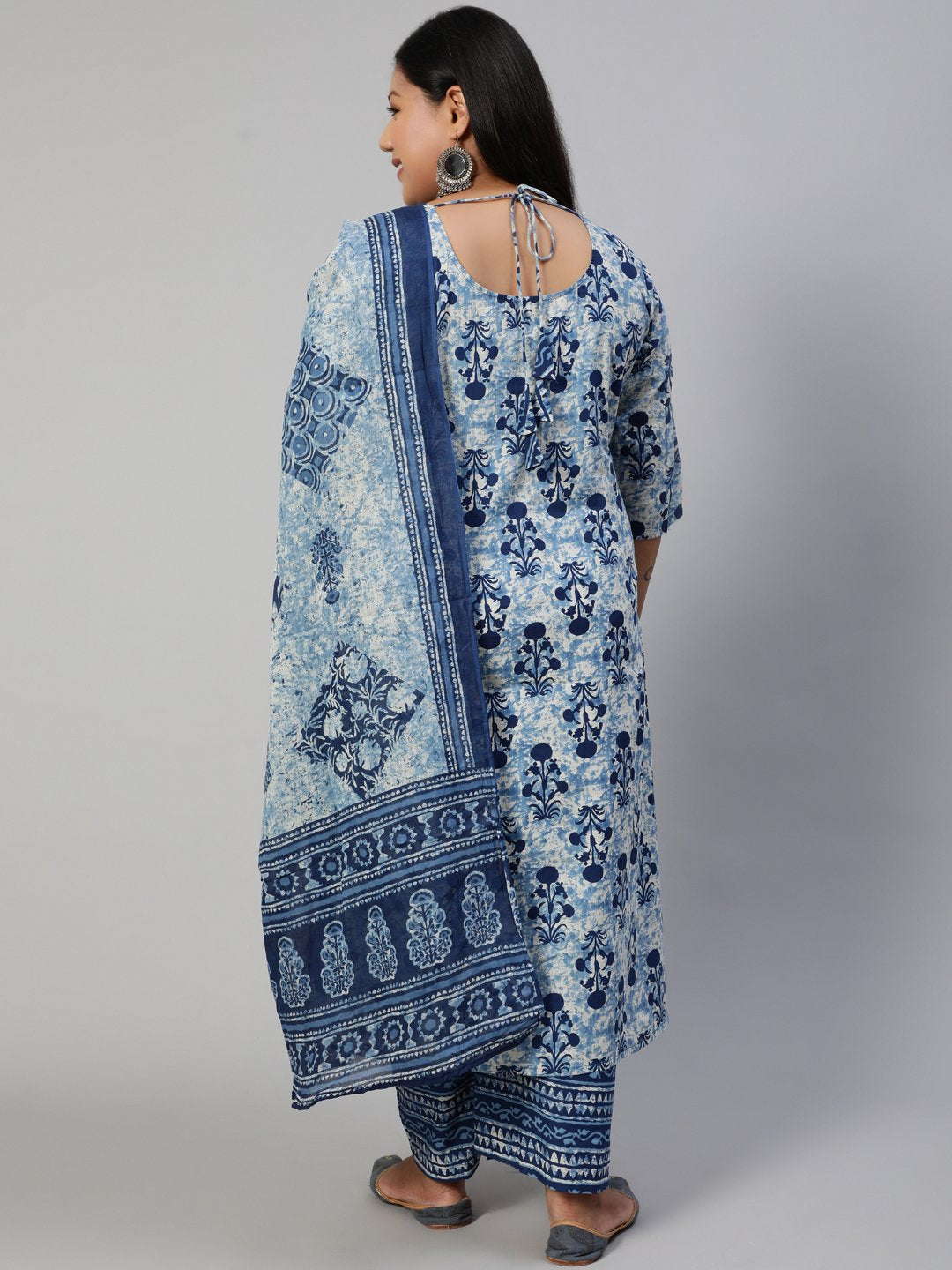 Women Blue Printed Straight Kurta With Plazo & Dupatta