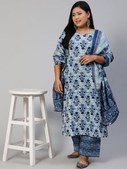 Women Blue Printed Straight Kurta With Plazo & Dupatta
