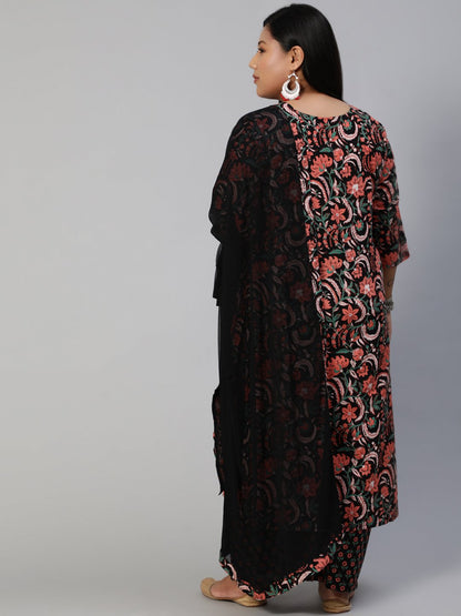 Women Black & Peach Printed Straight Kurta With Plazo & Dupatta