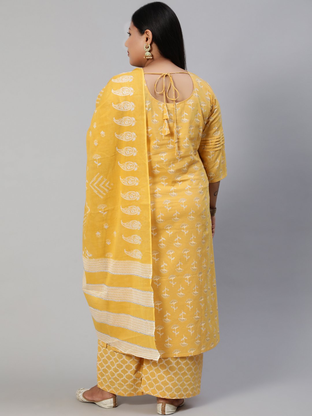 Women Yellow & Glitter Printed Straight Kurta With Plazo & Dupatta