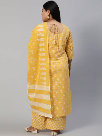 Women Yellow & Glitter Printed Straight Kurta With Plazo & Dupatta