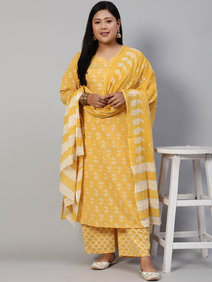 Women Yellow & Glitter Printed Straight Kurta With Plazo & Dupatta