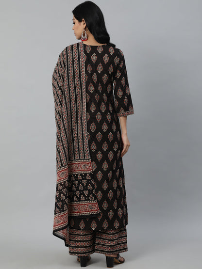 Women Black Printed Straight Kurta With Plazo & Dupatta