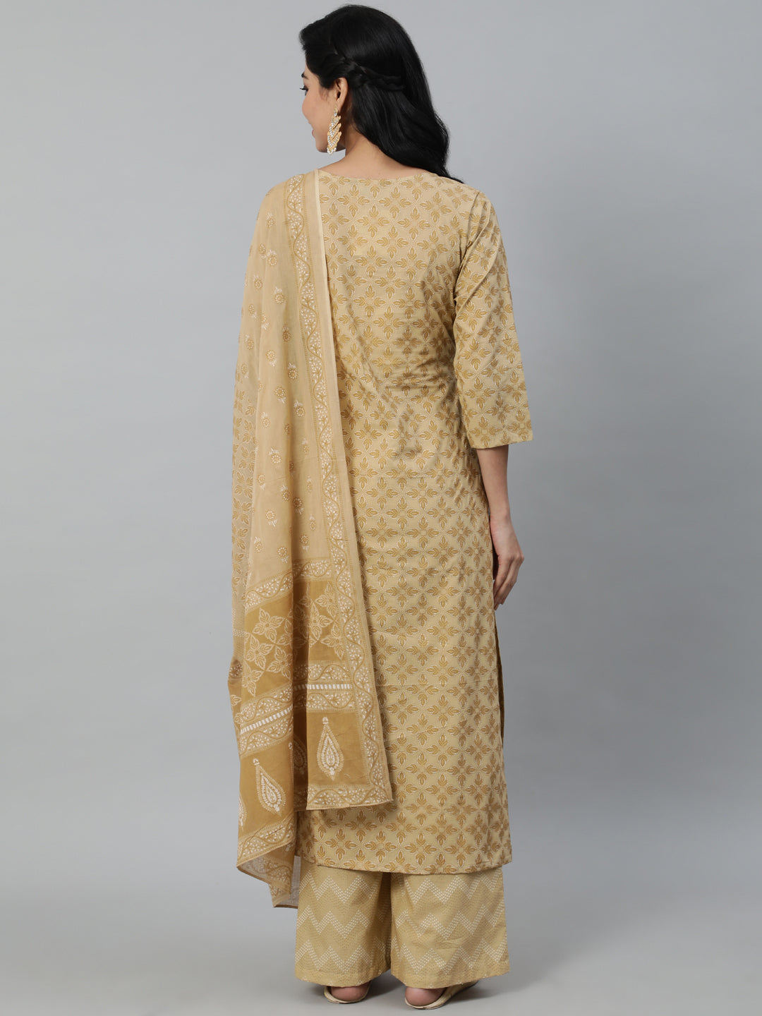 Women Beige Printed Straight Kurta With Plazo