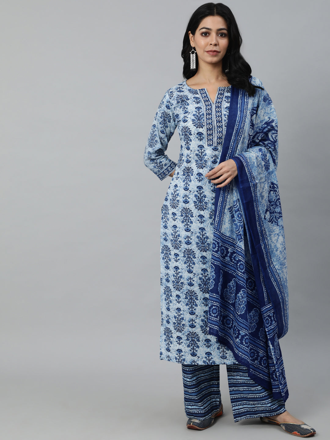 Women Blue Printed Straight Kurta With Plazo & Dupatta