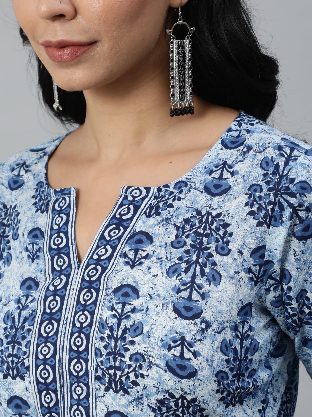 Women Blue Printed Straight Kurta With Plazo & Dupatta