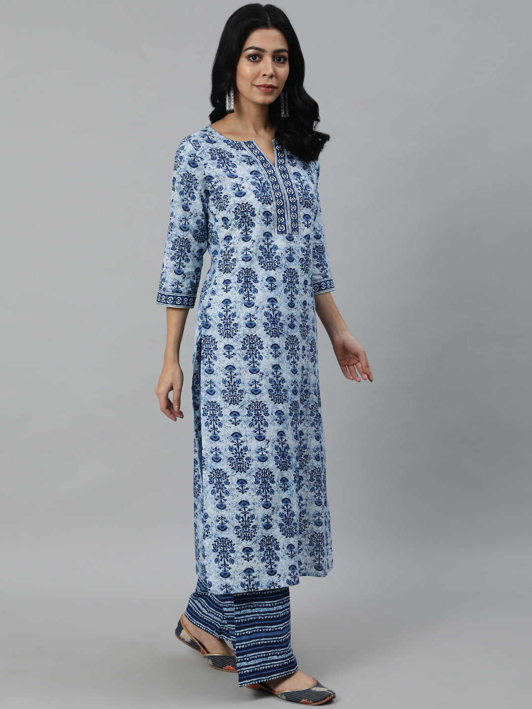 Women Blue Printed Straight Kurta With Plazo & Dupatta