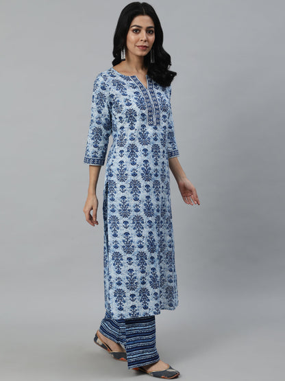 Women Blue Printed Straight Kurta With Plazo & Dupatta