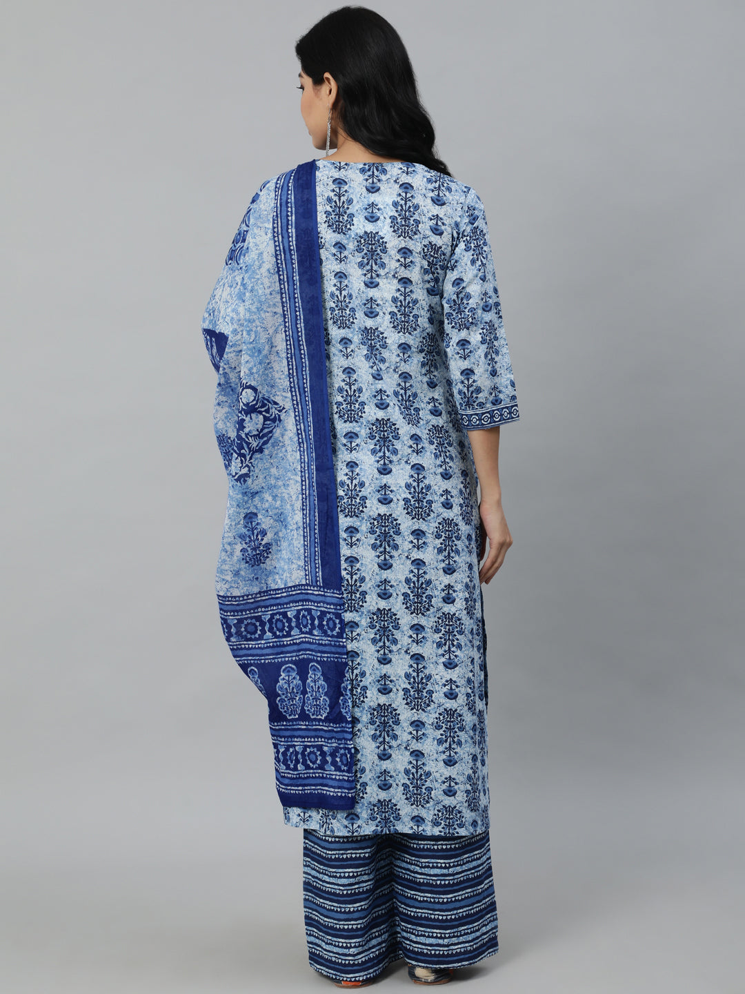 Women Blue Printed Straight Kurta With Plazo & Dupatta