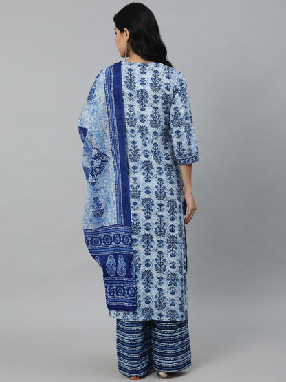 Women Blue Printed Straight Kurta With Plazo & Dupatta