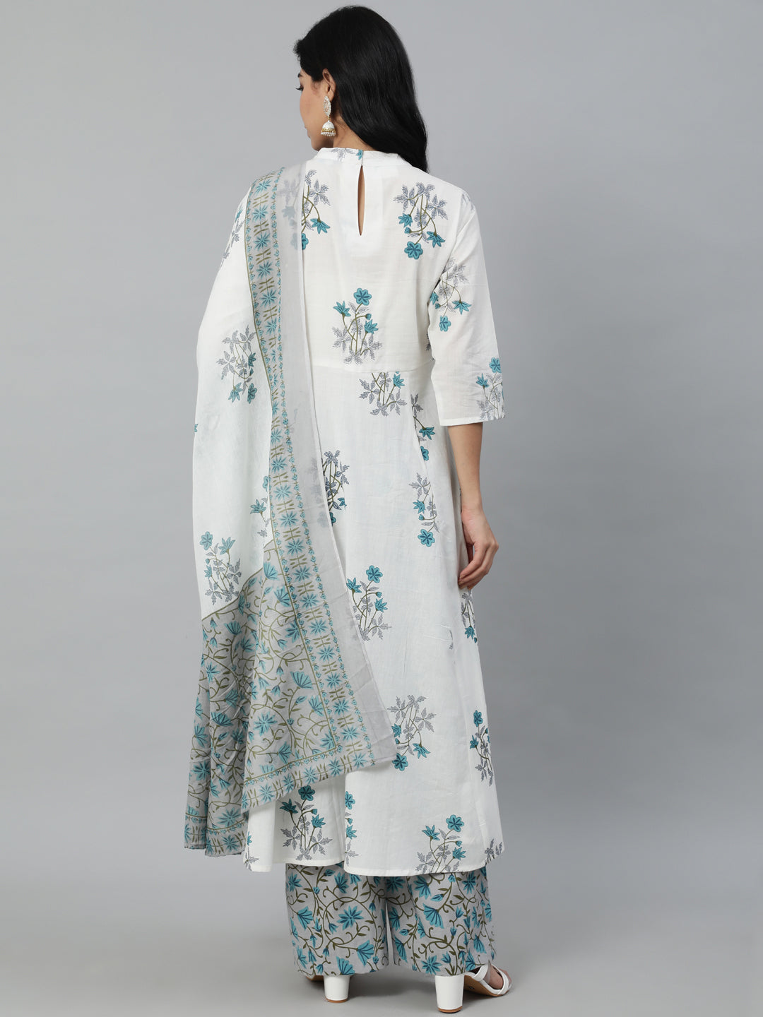 Women Off-White Printed Flared Kurta With Trouser & Dupatta