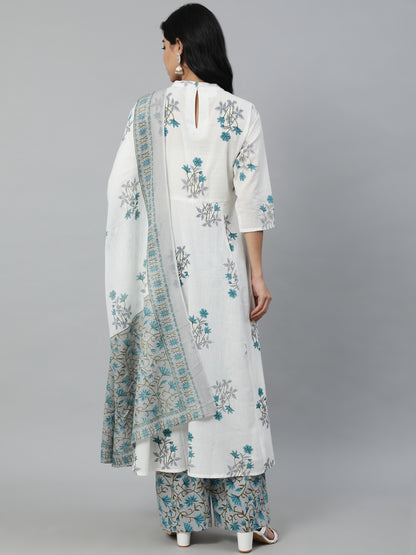 Women Off-White Printed Flared Kurta With Trouser & Dupatta