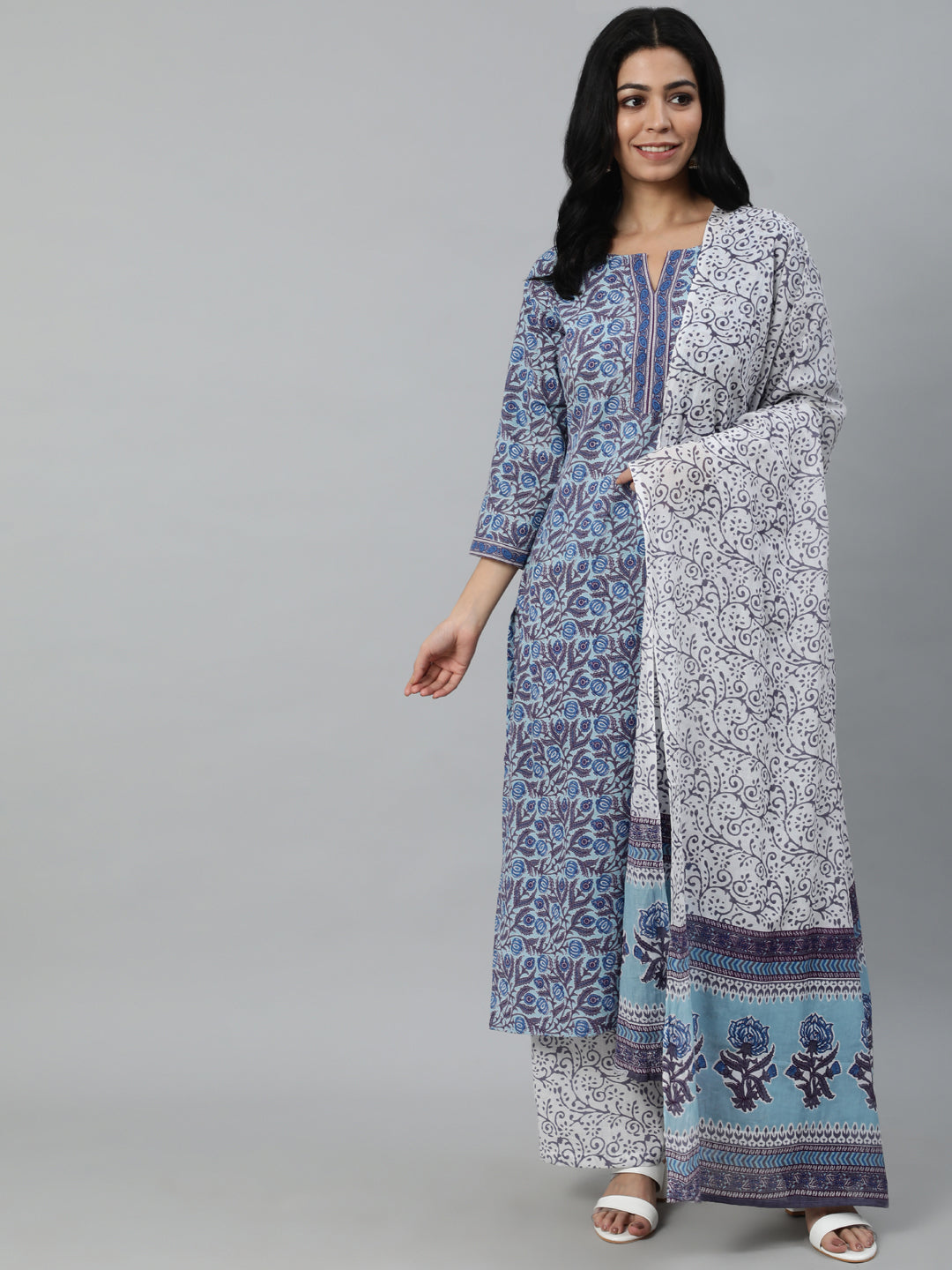 Women Blue Printed Straight Kurta With Plazo & Dupatta