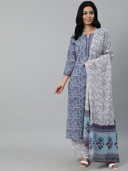 Women Blue Printed Straight Kurta With Plazo & Dupatta