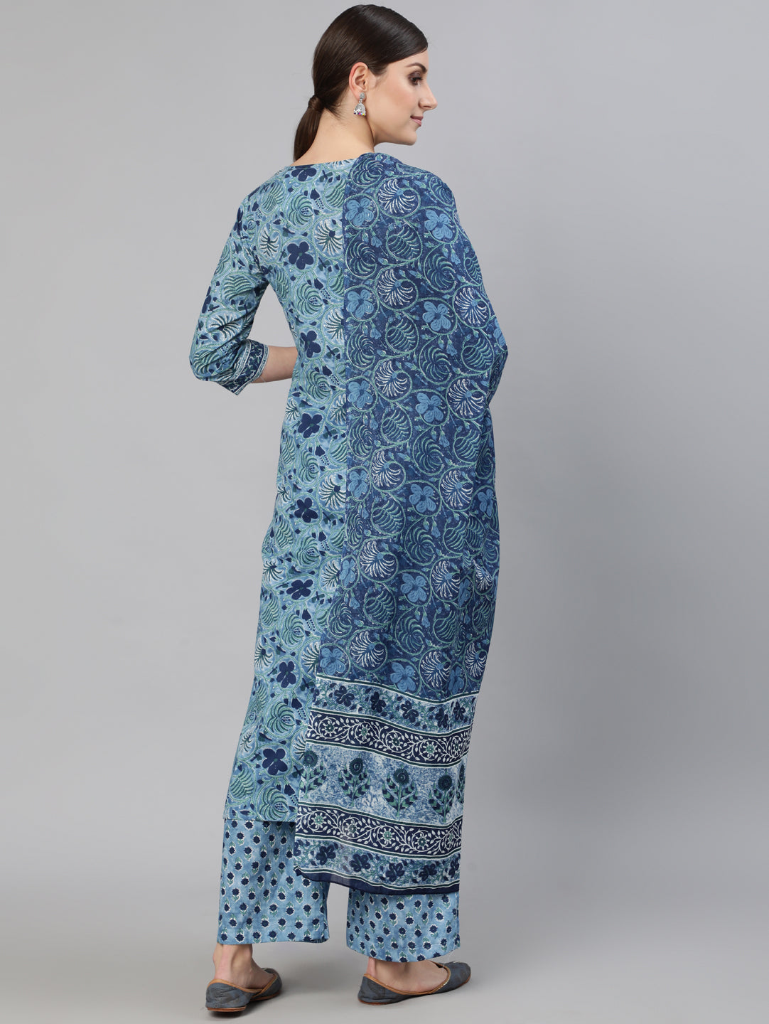 Women Blue Printed Straight Kurta With Plazo & Dupatta