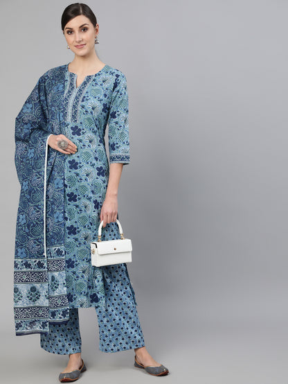 Women Blue Printed Straight Kurta With Plazo & Dupatta