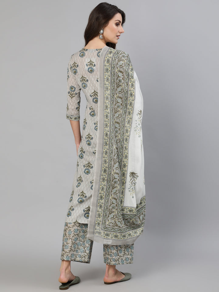 Women Grey Printed Kurta With Plazo &amp; Dupatta