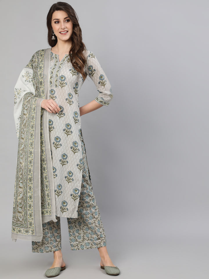 Women Grey Printed Kurta With Plazo &amp; Dupatta