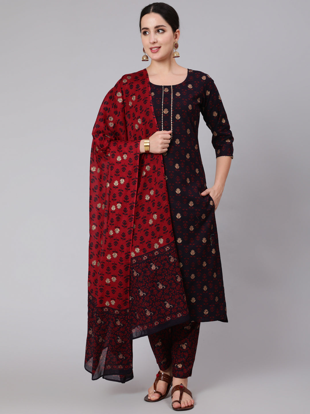 Black & Maroon Ethnic Motif Printed Straight Kurta With Palazzo And Dupatta