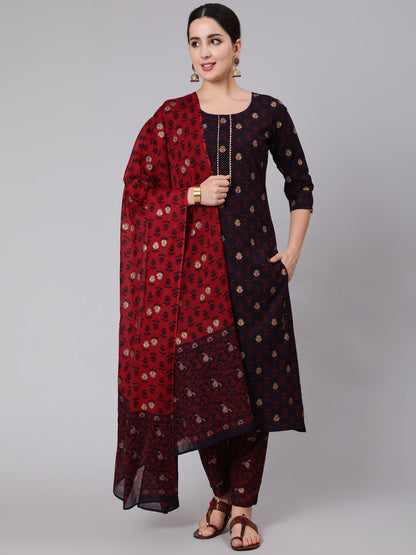 Black & Maroon Ethnic Motif Printed Straight Kurta With Palazzo And Dupatta