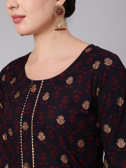 Black & Maroon Ethnic Motif Printed Straight Kurta With Palazzo And Dupatta