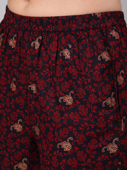 Black & Maroon Ethnic Motif Printed Straight Kurta With Palazzo And Dupatta