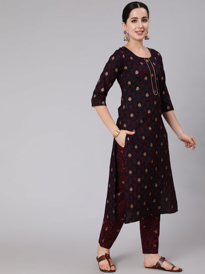 Black & Maroon Ethnic Motif Printed Straight Kurta With Palazzo And Dupatta