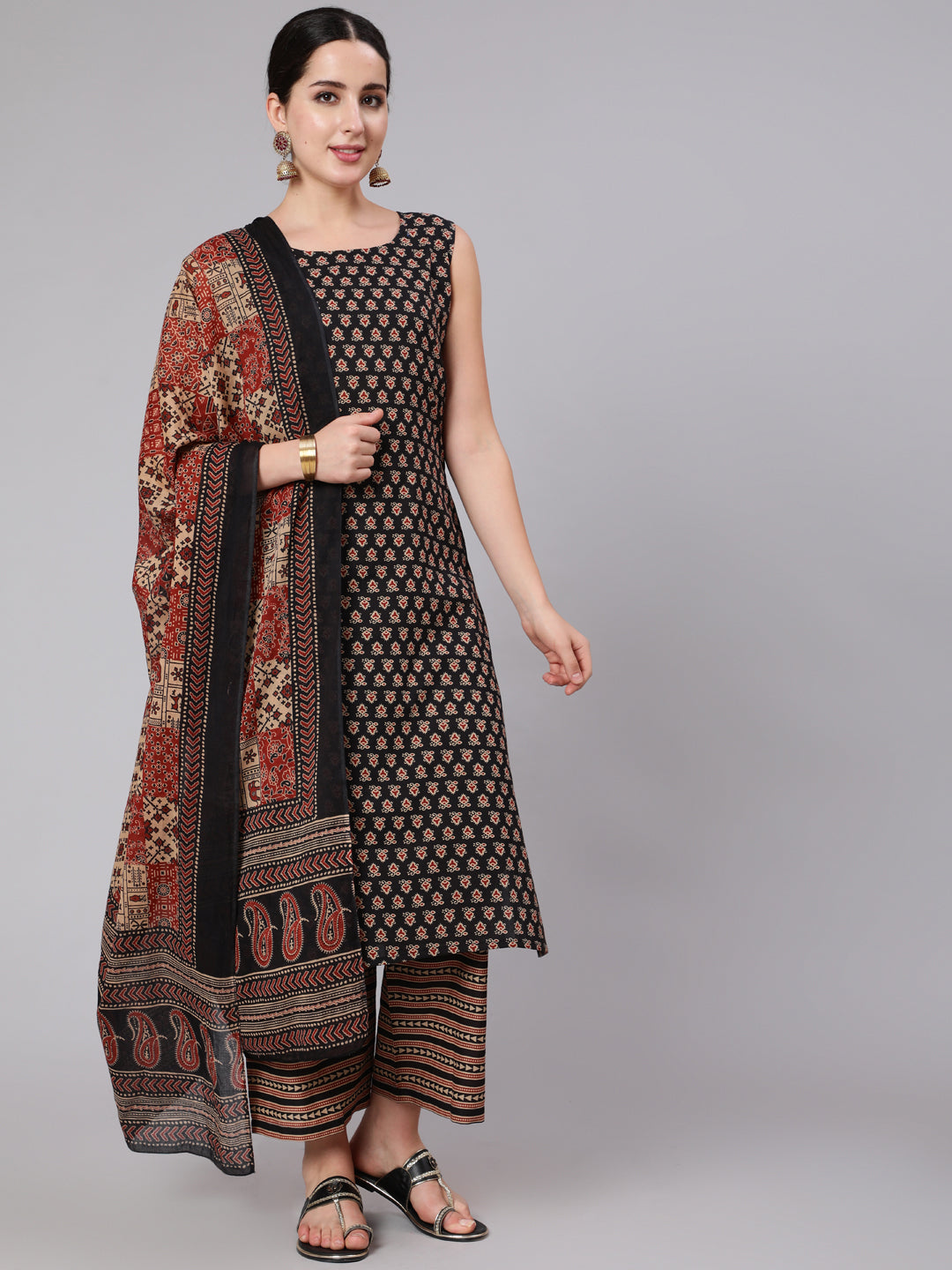 Black & Maroon Ethnic Motif Printed Short Sleeves Straight Kurta With Palazzo And Dupatta