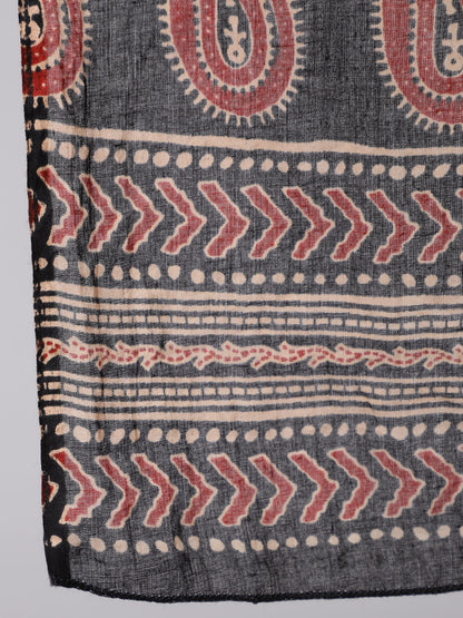 Black & Maroon Ethnic Motif Printed Short Sleeves Straight Kurta With Palazzo And Dupatta