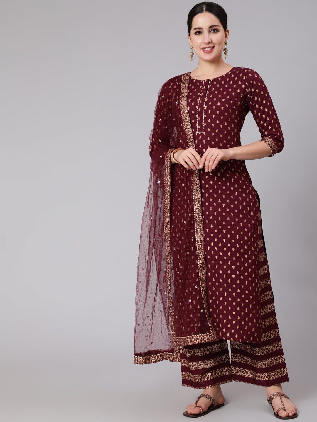 Burgundy &amp; Gold Printed Kurta With Palazzo &amp; Net Sequence Dupatta