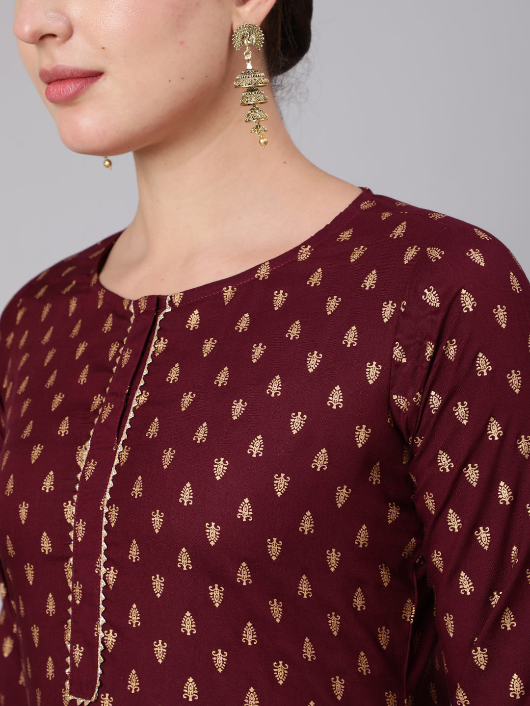 Burgundy &amp; Gold Printed Kurta With Palazzo &amp; Net Sequence Dupatta