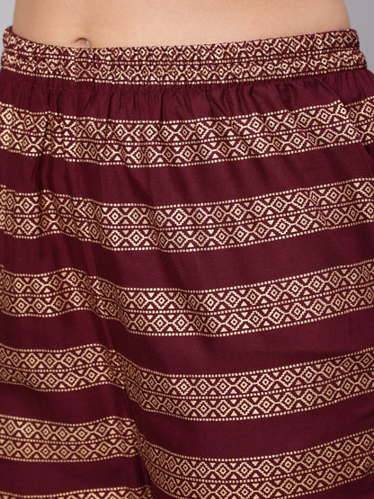 Burgundy & Gold Printed Kurta With Palazzo & Net Sequence Dupatta
