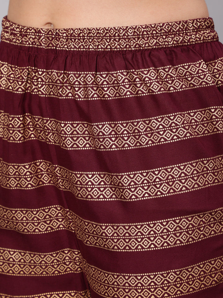 Burgundy &amp; Gold Printed Kurta With Palazzo &amp; Net Sequence Dupatta