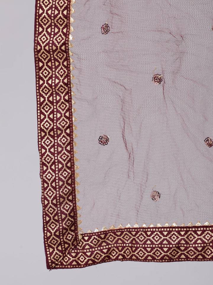 Burgundy &amp; Gold Printed Kurta With Palazzo &amp; Net Sequence Dupatta