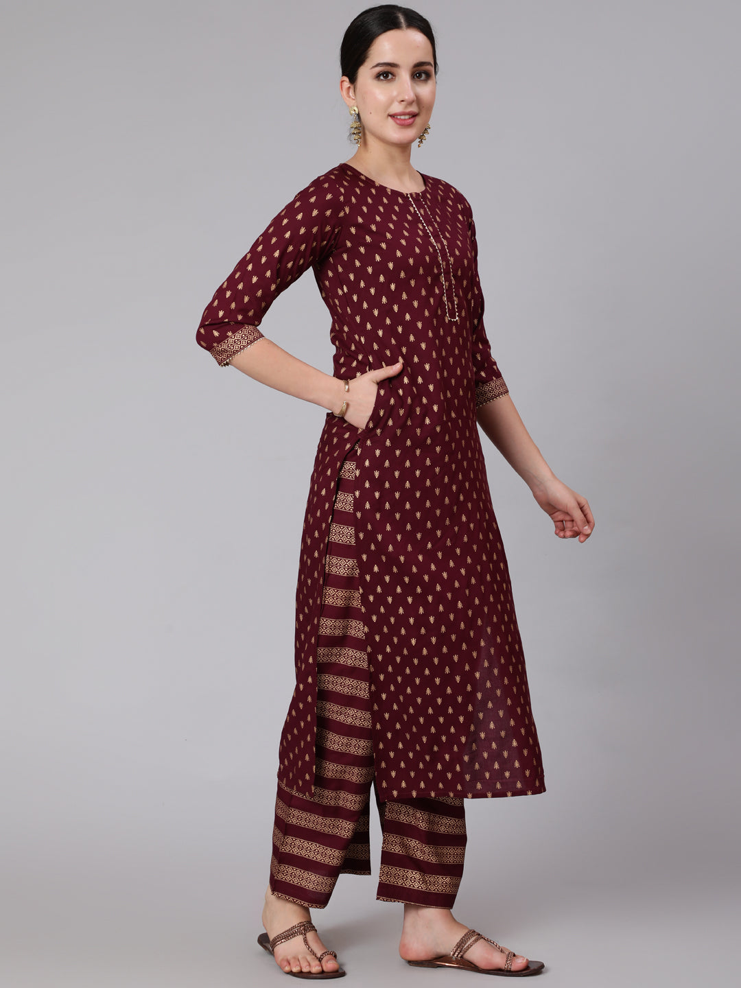 Burgundy &amp; Gold Printed Kurta With Palazzo &amp; Net Sequence Dupatta
