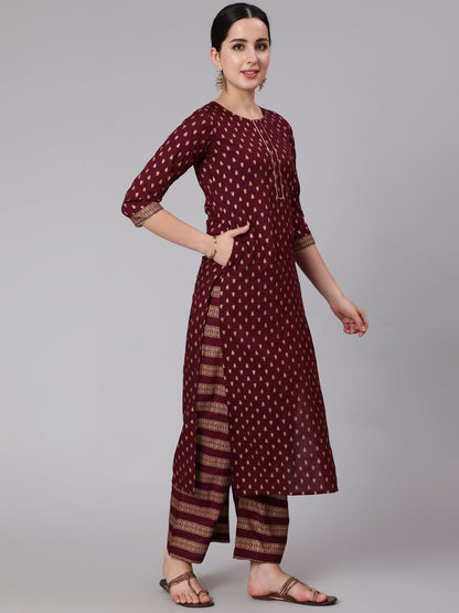 Burgundy & Gold Printed Kurta With Palazzo & Net Sequence Dupatta
