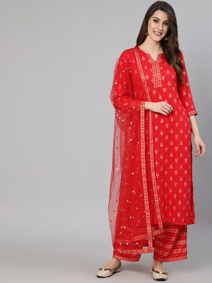 Red Gold Ethnic Printed Kurta With Palazzo And Sequance Dupatta