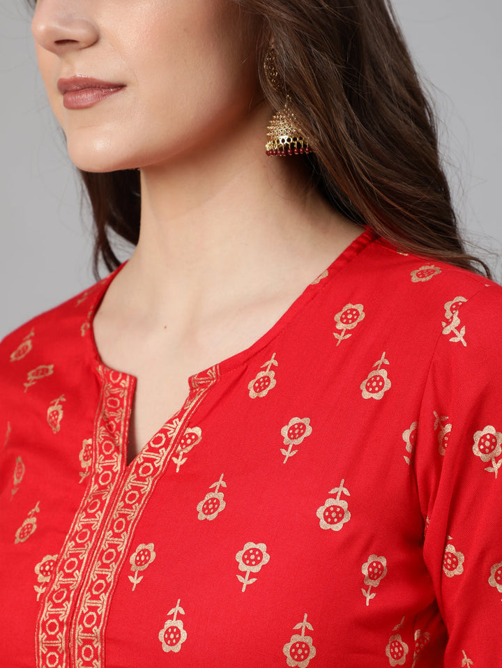 Red Gold Ethnic Printed Kurta With Palazzo And Sequance Dupatta